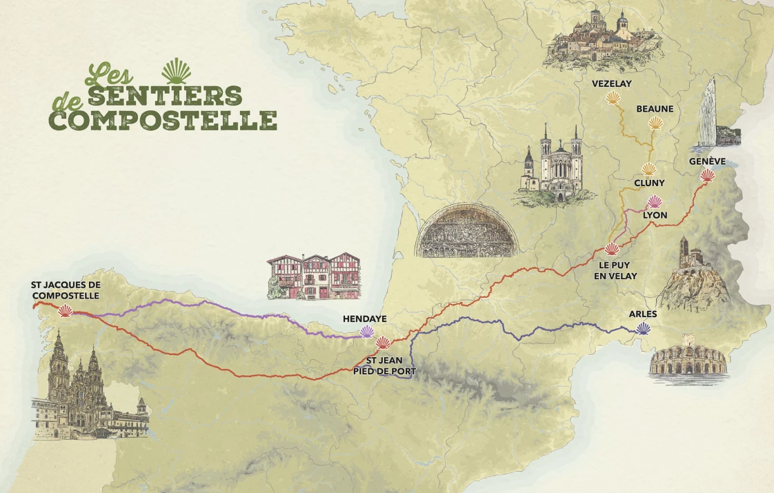 Carte des chemins de Saint-Jacques-de-Compostelle traversant la France